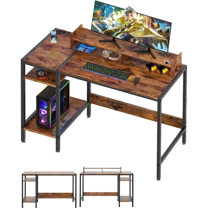 Petit bureau d'ordinateur avec support de moniteur, bureau de jeu, bureau à domicile avec rangement, bureau AMPA rustique pour 2 moniteurs, 39 pouces