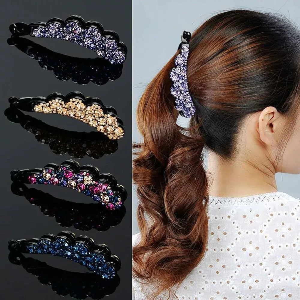 Elegante strass clipe banana para mulheres, grampos coreanos, grampos verticais, presilhas para meninas, acessórios para cabelo, 1pc