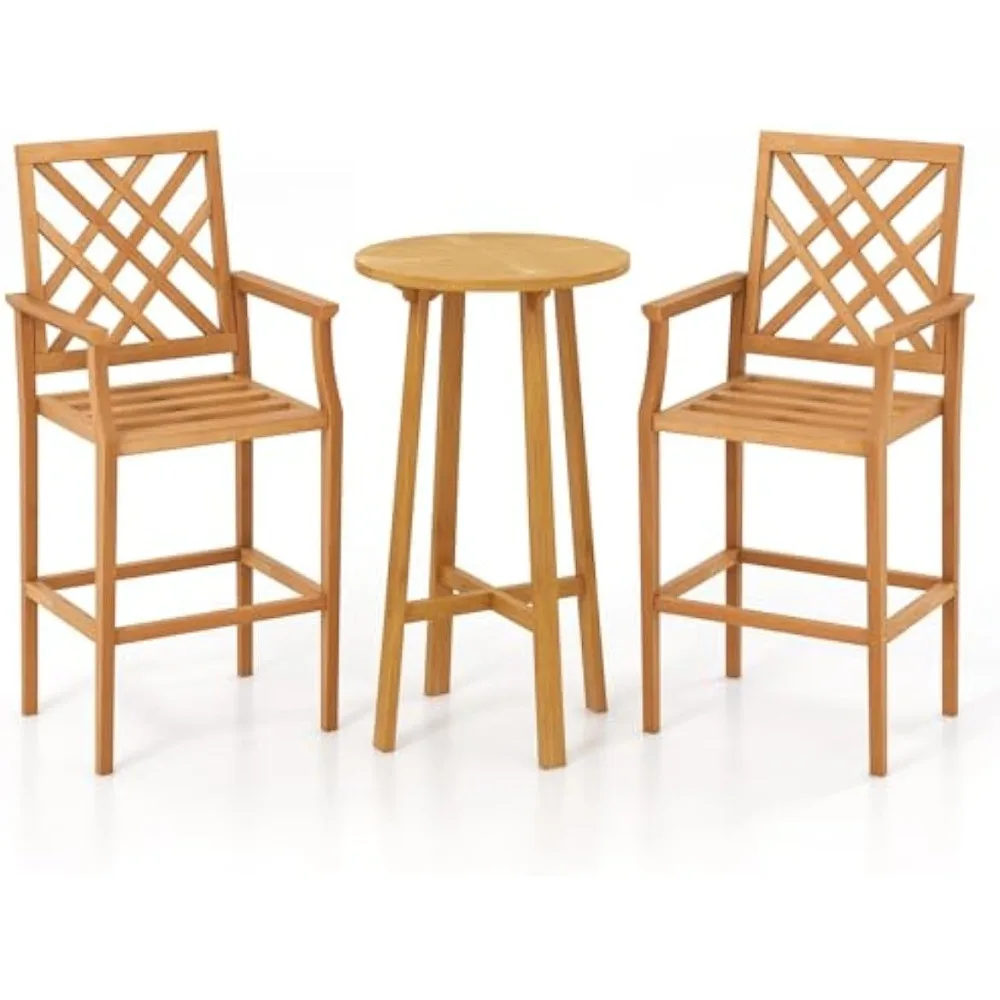

3 Piece Patio Bar Set, Teak Wood Bistro Furniture with Backrest, Armrests & Footrest, Round Cocktail Table with 2 Stools, Indoo