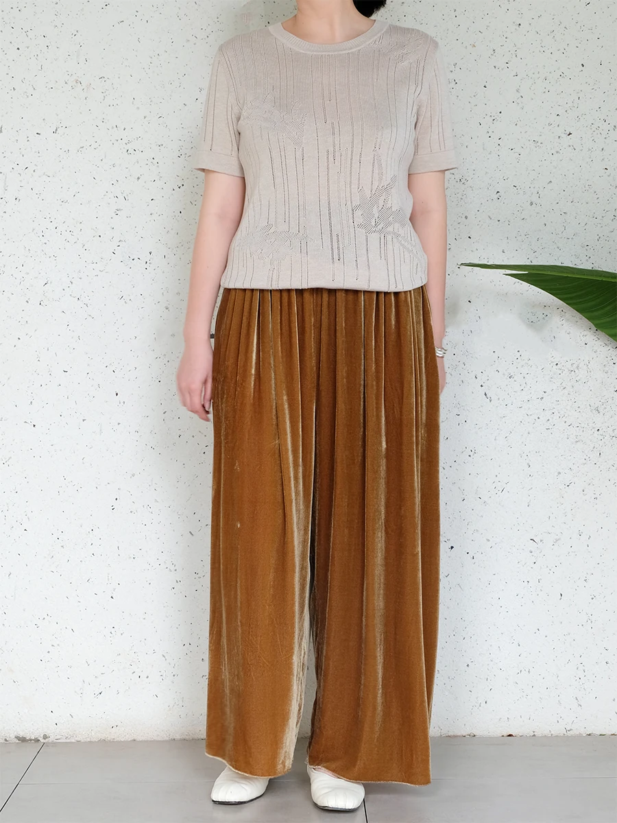 

Silk Camere Knitted ort Sve round Ne T-irt Women's Summer New Sle Simple Faion Straight Cut Silk Blend Top