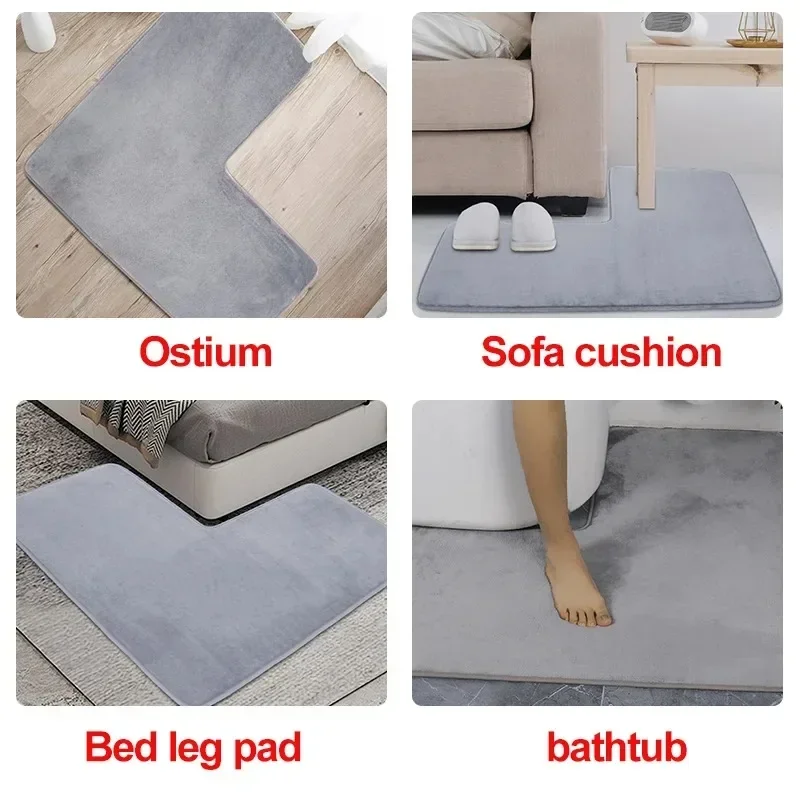 1PC Solid Color Coral Fleece L-Shaped Bathroom Corner Mat Durable Water Absorption Floor Mat Soft Non-slip Bath Mat Bathroom Rug