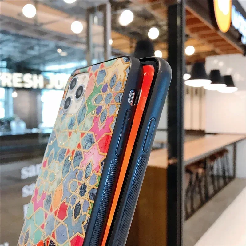 Contrasting Color Gold Foil Silicone Phone Case For iPhone 16 15 14 13 11 12 Pro Max Plus Glitter Geometric Painted Epoxy Cover