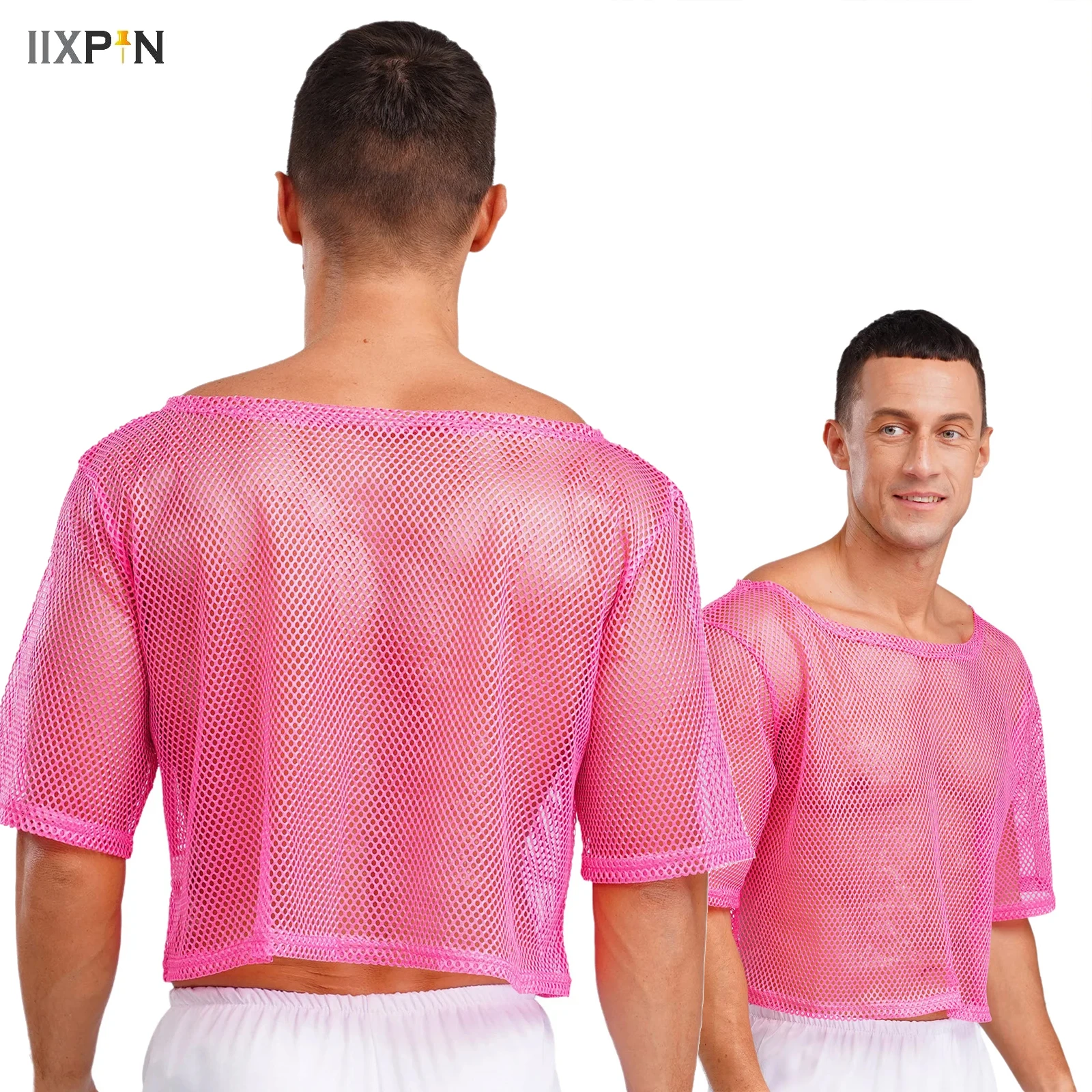 

Men Women Neon 80s Disco Fishnet T-shirt Short Sleeve Hollow Out Crop Tops Sexy Punk Camisole Cover-up Workout Party Clubwear