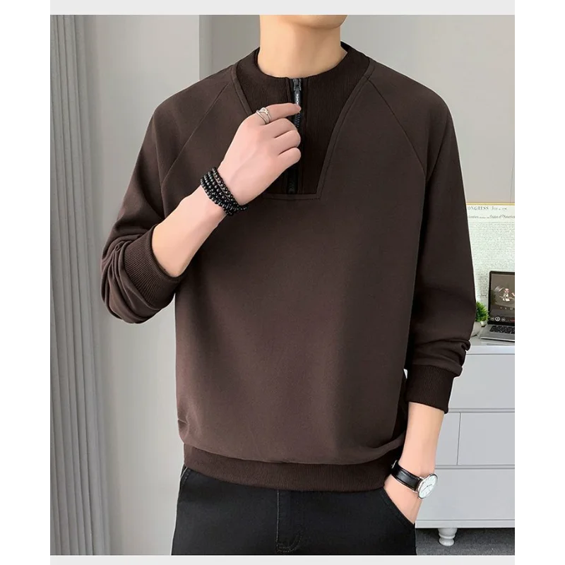 سويت شيرت برقبة دائرية نصف سحاب للرجال، نمط كوري وسيم، كاجوال بأكمام طويلة، متعدد الاستخدامات، طبقة أساسية