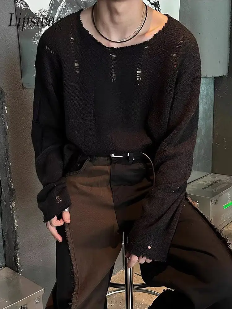 2025 Fall Trendy Mens Knitted T Shirt Vintage Solid Color Ripped Hollow Out Knit Tee Shirts Men Outdoor Casual Long Sleeve Tops