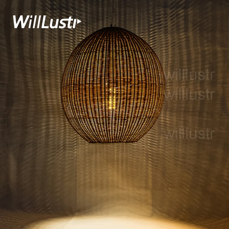 Rugby Shape Wicker Pendant Lamp Handmade Wood Hanging Light Hotel Restaurant Lounge Ceiling Chandelier Suspension Lighting