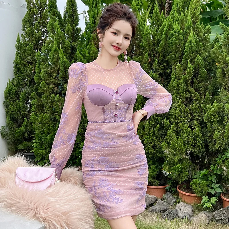 2023 Autumn Fashion New French Sexy Purple Slim Fit High Dress Wrapped Hip Skirt