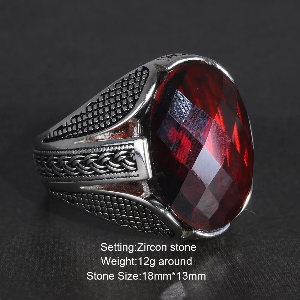 Real Pure 925 Sterling Silver Rings With Red Color Zircon Stone Faceted Wedding Rings For Men Vintage Turkish Jewelry