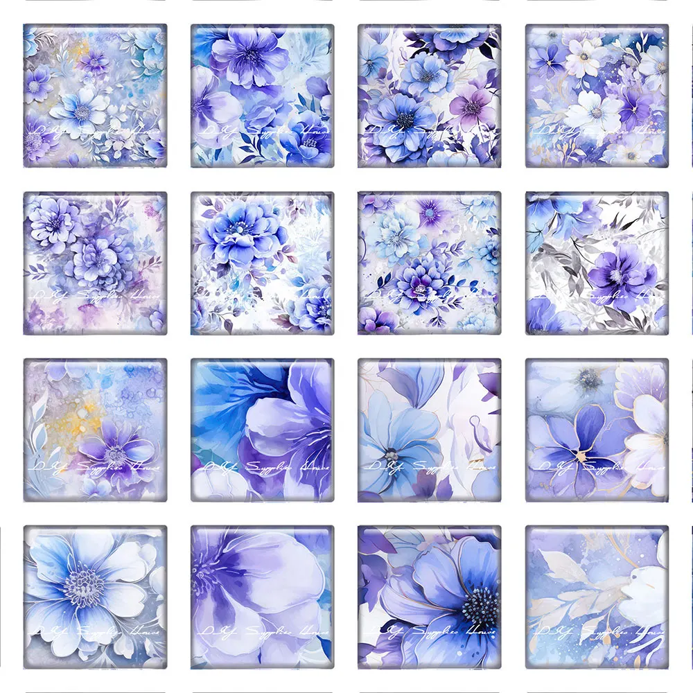 10pcs/lots Square Blue Purple Flower Photo Glass Cabochon Charms Demo Flat Back Cameo For Diy Jewelry Making Accessories