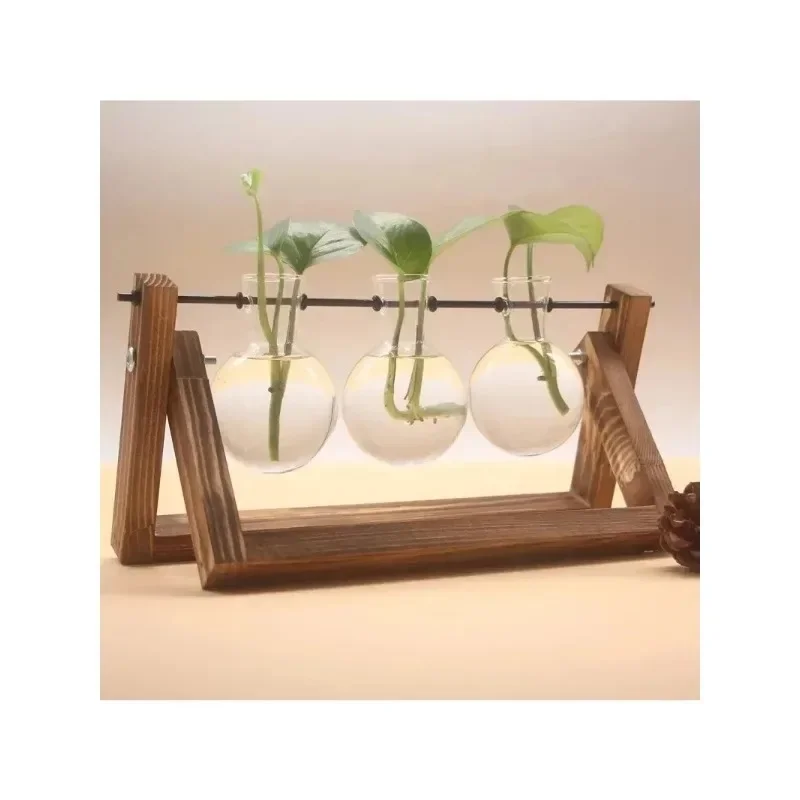 Plant Station Glass Desktop Flower Pot with Retro Wooden Frame Vases Used for Hydroponic Desk Home Decoration Plant Bracket