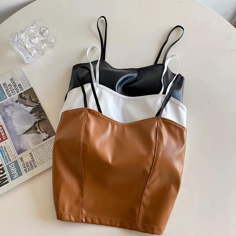 

Women PU Leather Camis Short Underwear Padded Bra Sexy Girl Tops Y2K Crop Tops Back Elastic Lace Tank Tops Summer Streetwear