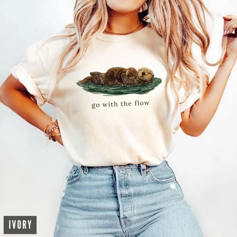 Go with The Flow Shirt Cute Otter Tee Vintage Nature Graphic T-shirt Short Sleeve T-shirts for Summer Unisex All-Season