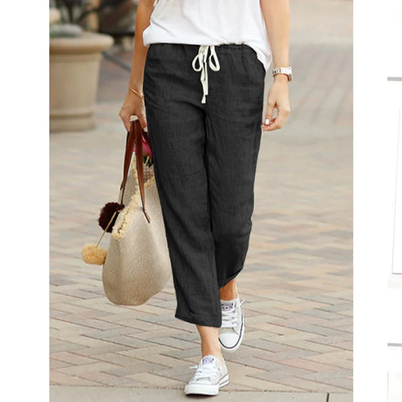 

Women's Casual Drawstring Elastic Waist Cotton Hemp Pants Harajuku Solid Fashion Loose Sweatpants Joggers