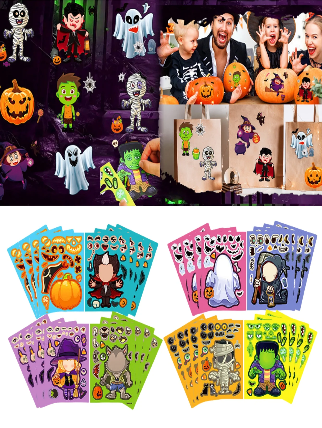 8-48 Sheets Halloween Stickers for Make a Face Stickers DIY Puzzle Sticker Halloween Ghost Skull Pumpkin Face Assemble Stickers