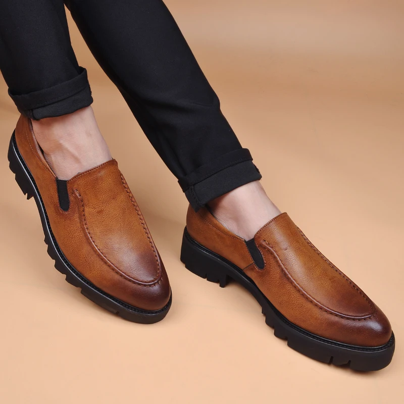 

Высококачественные коричневые мужские кожаные туфли-слипоны с острым носком, увеличивающие рост, для весенне-осеннего сезона, для активного отдыха