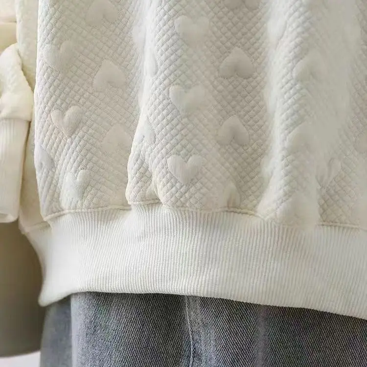 Korean Style Texture Knit Hoodie Women's Autumn Winter New Loose Slimming Versatile Fleece Lined Thickened round Neck Top