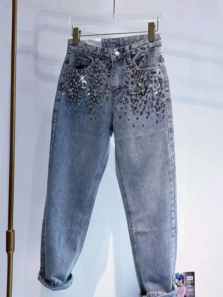 European Fashion New Heavy Industry Full Diamond Rhinestone Flash Denim Pants Women's Jeans Blue 2024 Spring Summer