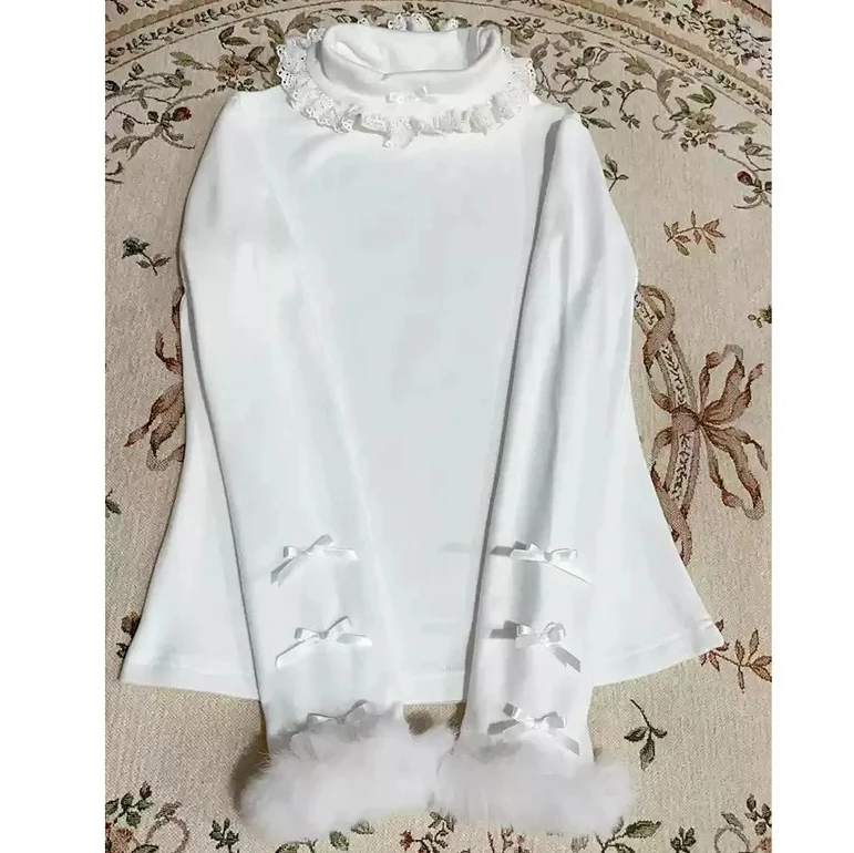 

Женские топы с высоким воротником в стиле Лолиты, милые облегающие кружевные зимние футболки, меховая лоскутная футболка с милым бантом Y2k