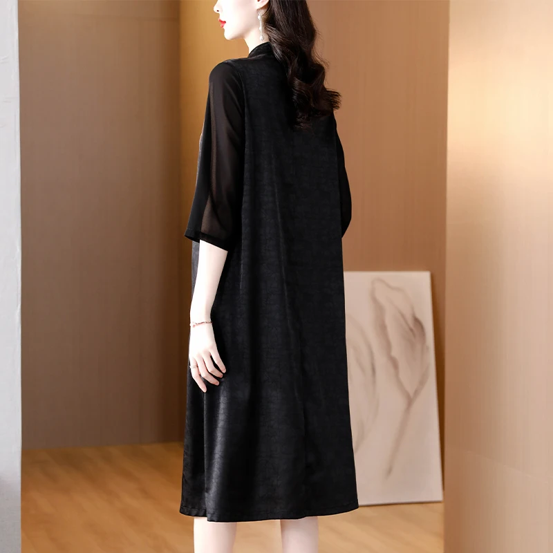 Spring/Summer 2023 New Chinese Style Black Silk Improved Qipao Skirt Embroidered Mulberry Silk Satin Loose Size Slim Long Dress