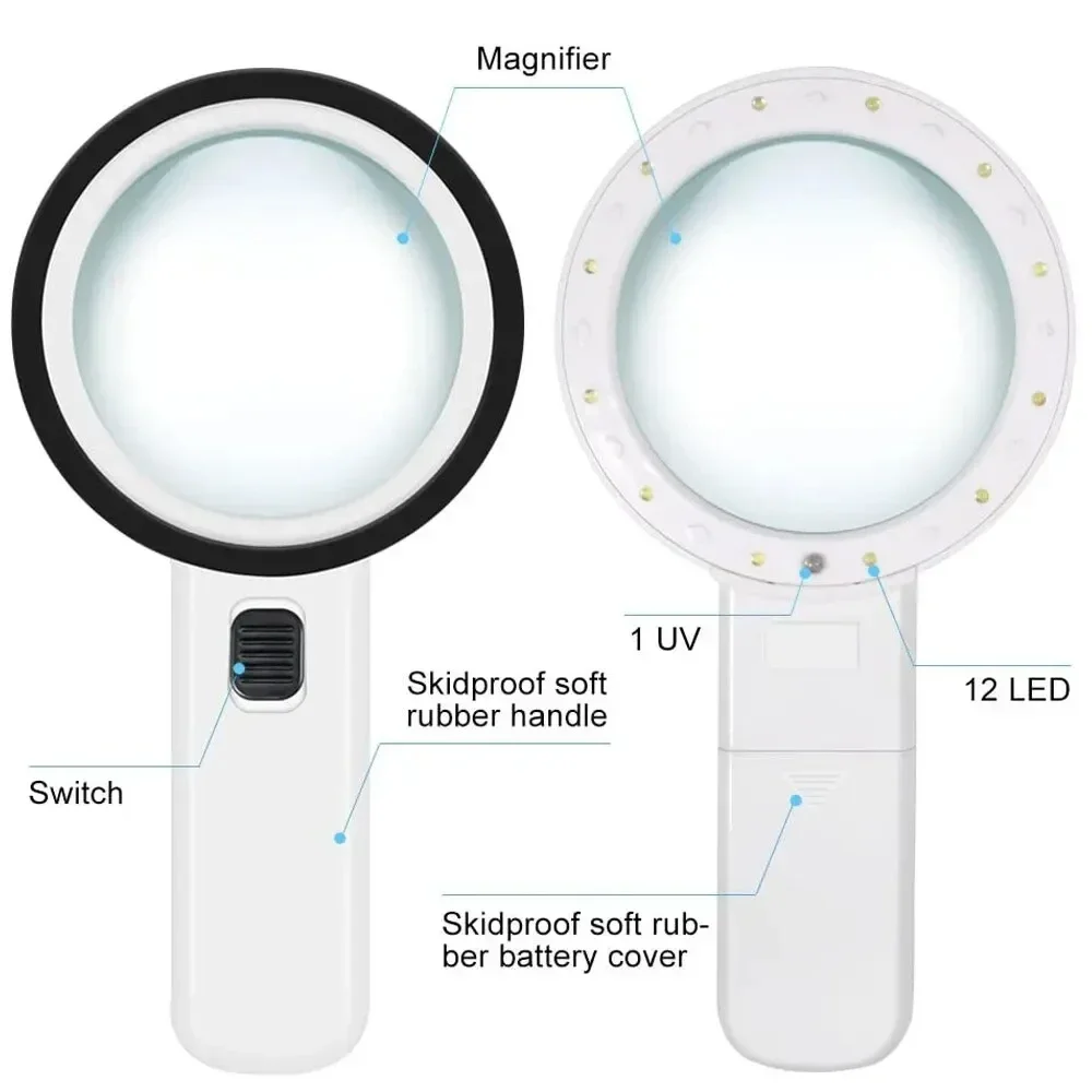 Imagem -03 - Handheld Iluminado Lupa Lupa de Leitura para Idosos Moedas Inspeção de Insetos Jóias Lupa 12 Luzes Led 30x