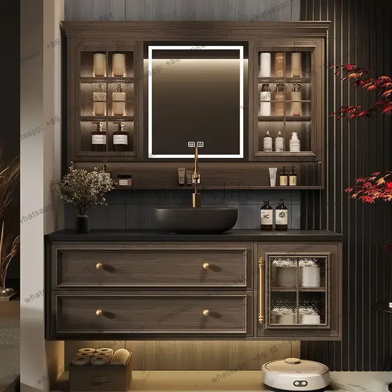 French retro oak bathroom cabinet, rock slab sink, upper basin combination toilet sink