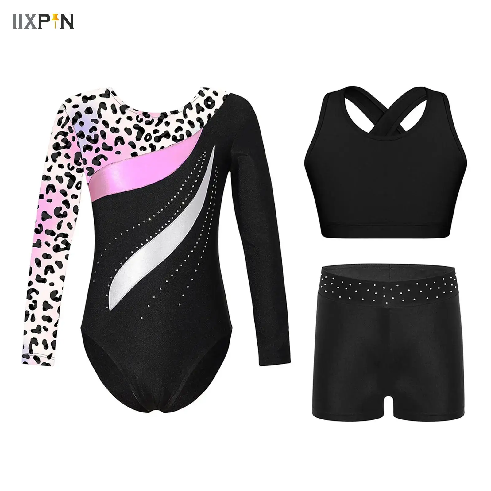 Kids Girls Ballet Dance Wear Sets Long Sleeve Gymnastics Bodysuit with Shorts Vest Skating Leotard Stage Performance Sportswear