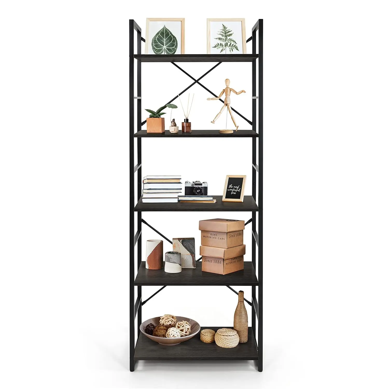 5 Tier Shelf 24 Inch Industrial Storage Organizer Metal Frame Wooden Shelves Home Office Living Room, Customized