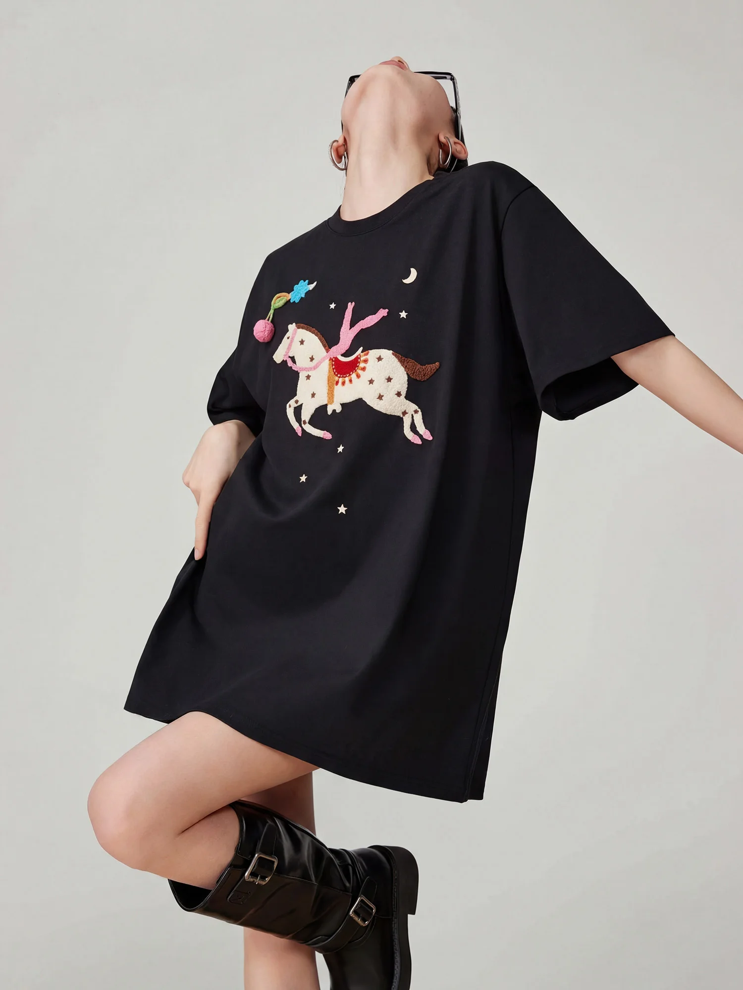 

Black Print round Neck Short Sleeve Midi Dress Summer Loose Slimming T-Shirt Dress Commute Friendly Casual Polyester Fiber
