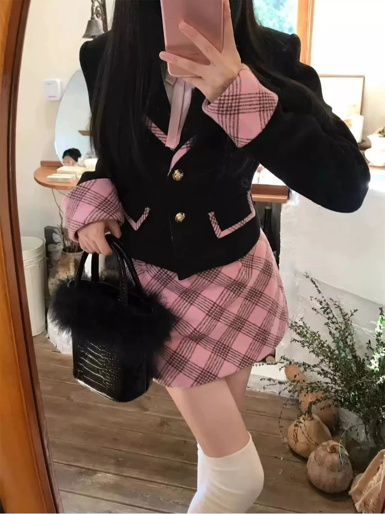 Autumn Japanese Chic Sweet New 3 Piece Set Women Cute Coat +Solid Shirt + Plaid Skirt Female Pretty Harajuku Y2k Pretty Set 2024