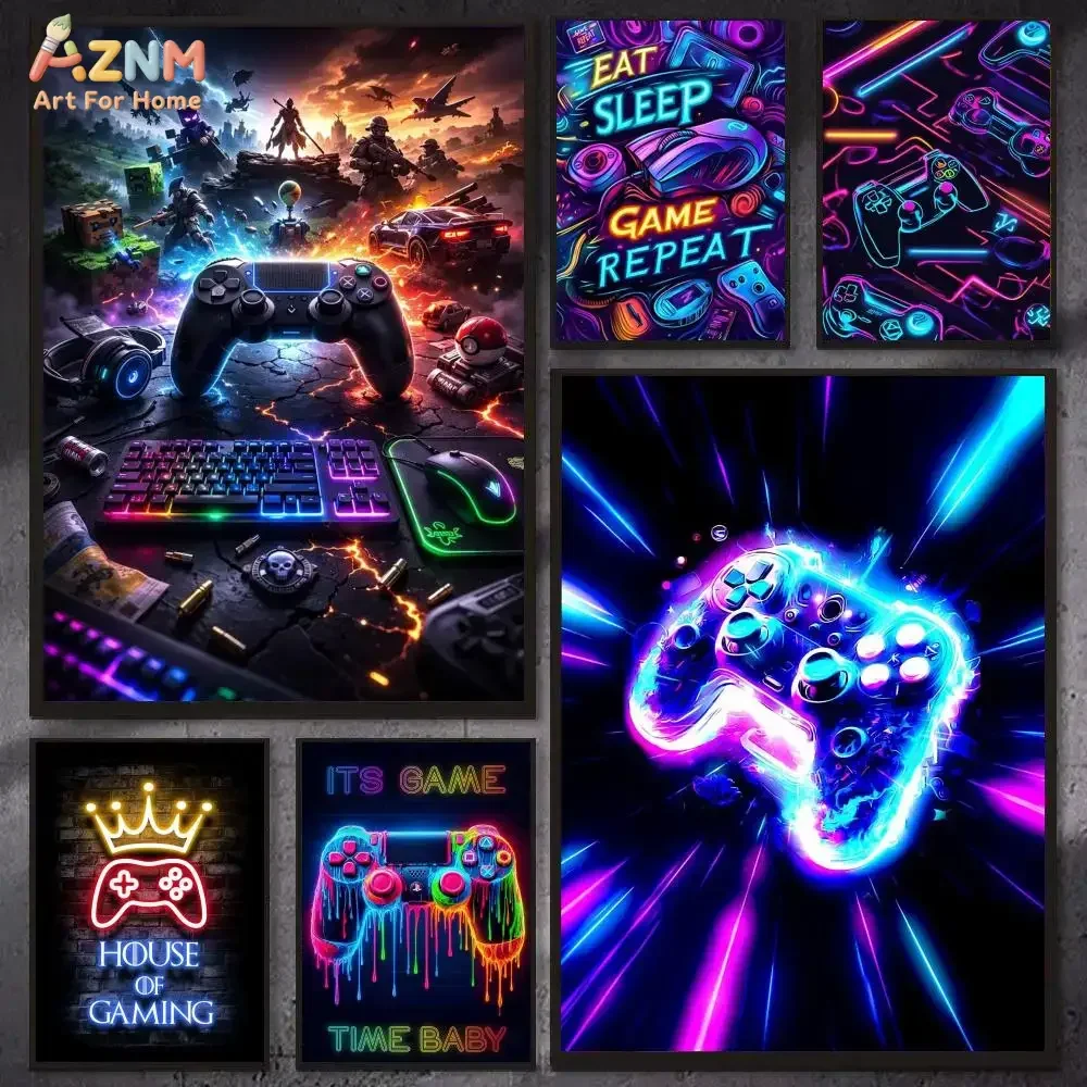 AZNM Neon Gaming Controller Canvas Wall Art, Game Pad Headset Keyboard Print Poster, Gamer Room Decor, Frameless Canvas Painting
