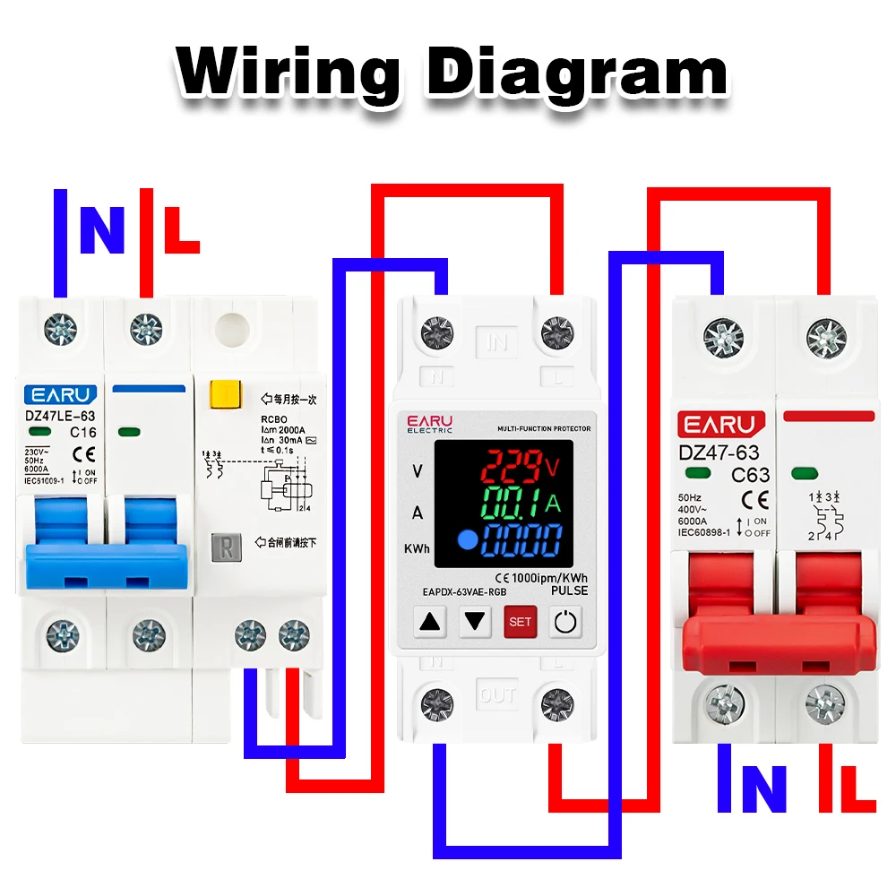 63A 230V 3IN1 Display Din Rail Adjustable Over Voltage Current Under Voltage Protective Device Protector Relay 220V KWH Red Blue