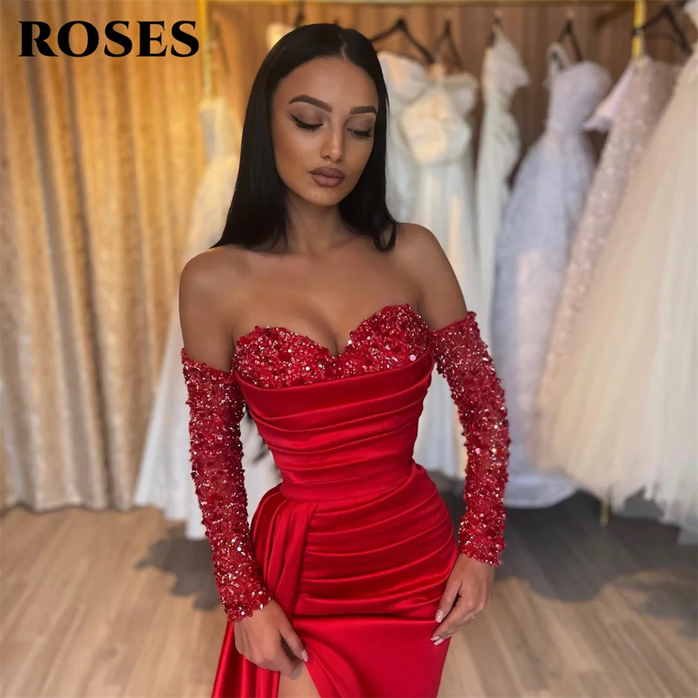 ROSES Red Long Off The Shoulder Party Dress Sequin Vintage Night Dress With High Split Celebrity Dress Custom vestidos de fiesta