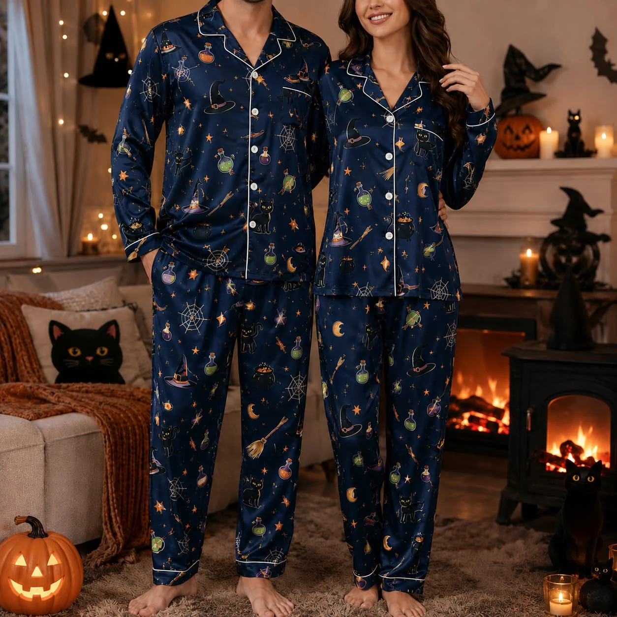 Halloween Witch Cat Potion Set Ice Silk Long Sleeve Long Pants Mens Pajama Set Womens Sleepwear Unisex Loungewear Home Clothing view 5