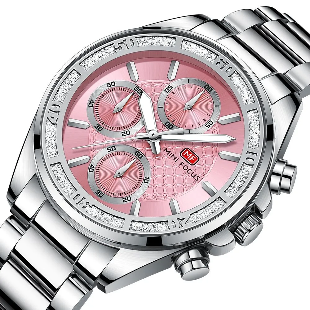 MINI FOCUS Women's Elegant Fashion Quartz Watch Coin Dial Stainless Steel Multifunction British Style Watch