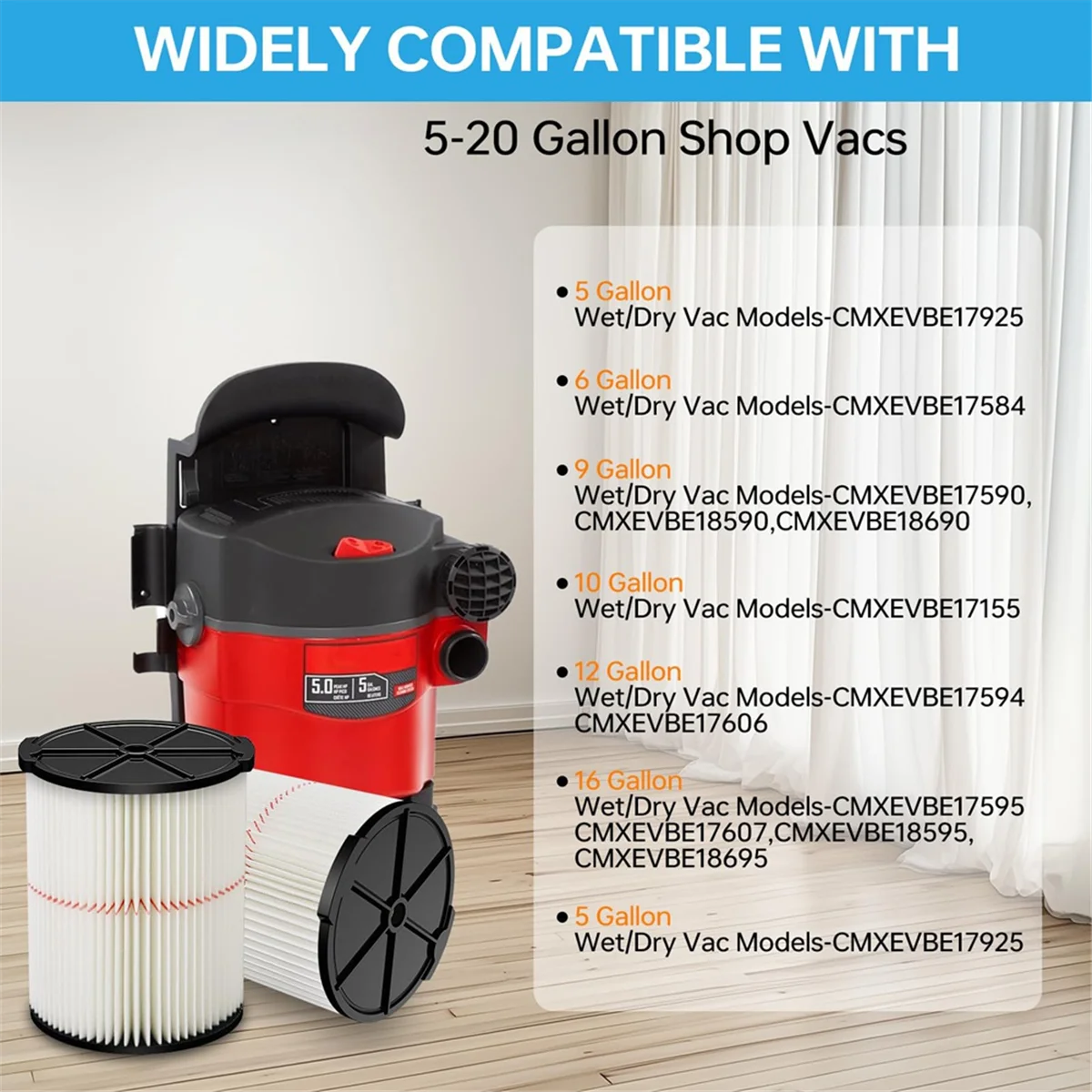 Filtro a cartuccia di ricambio per aspirapolvere Craftsman 9-38754 Red Stripe per uso generale Wet Dry Vac da 5 a 20 galloni