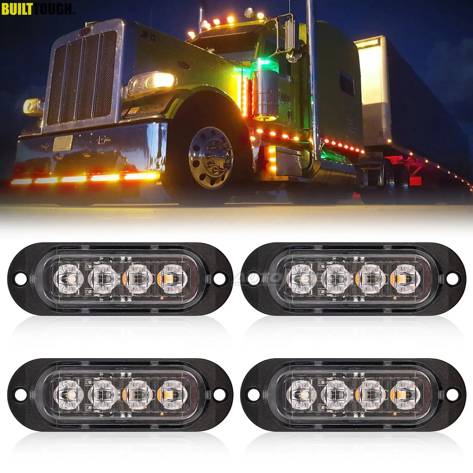 4x Universal 12V 24V Side 4LED Red+Amber Clearance Indicator Marker Light Chassis Signal External Lamp Truck Trailer Caravan UTE