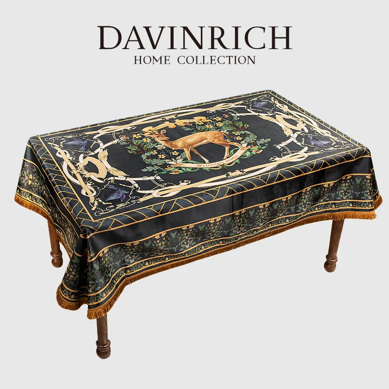 DAVINRICH American Style Deer Print Tablecloth Luxurious Velvet Rectangular Table Cover 140x230cm For Dining Room Kitchen Decor