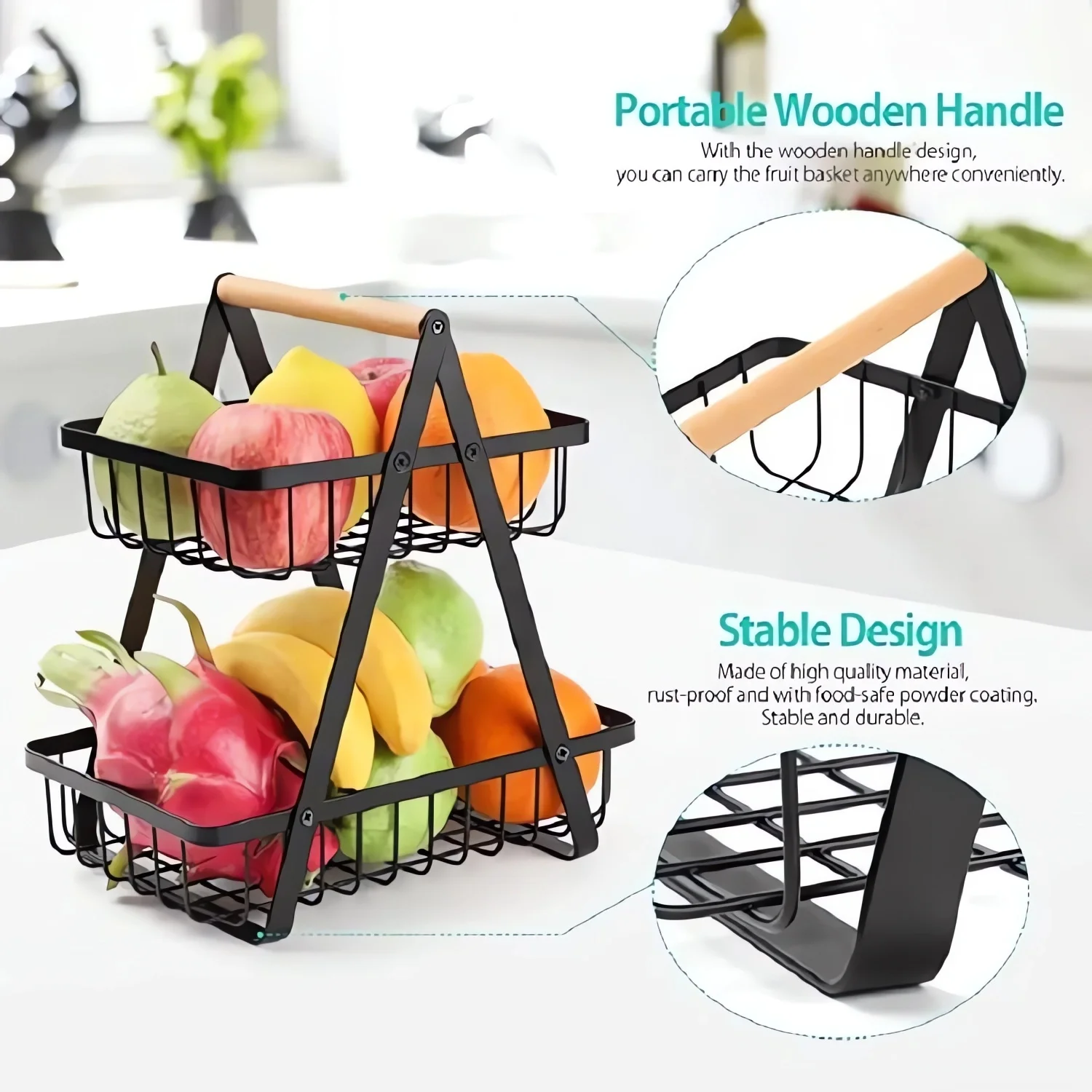 3Tier Fruit Storage Basket Countertop for Kitchen Fruit Vegetable Basket Bowl with Handle Metal Wire Storage Basket Fruits Stand