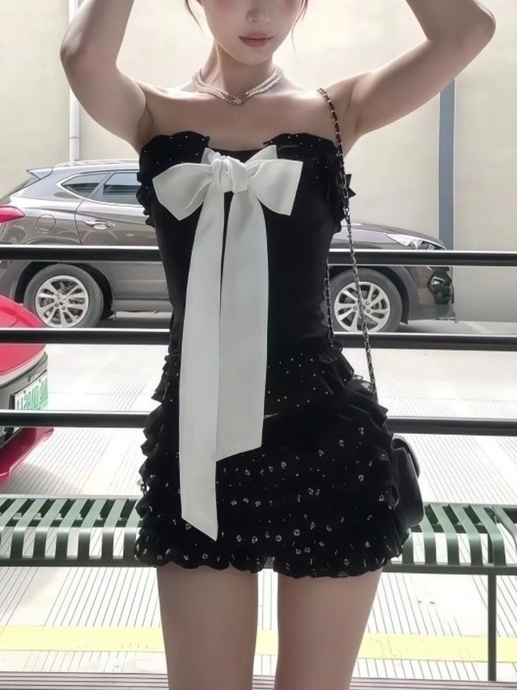 

Новый летний сексуальный бант Элегантный комплект из 2 предметов для женщин Y2k Винтажные топы без бретелек + мини-юбка Harajuku Модные женские вечерние шикарные наряды