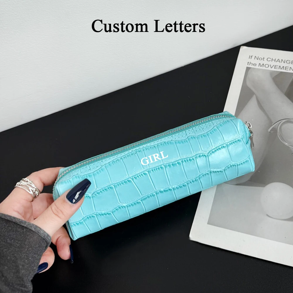 Luxury Genuine Leather Pencil Bag Custom Name Crocodile Pattern Women Zip Makeup Pouch Cowhide Burshes Stationalry Cosmetic Bag