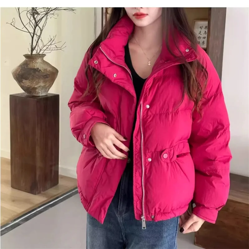 2024 New Korean Women Winter Warm Puffer Jackets Fashion Parkas Stand Collar Zipper Loose Coat Long Sleeve Lightweight Outerwear