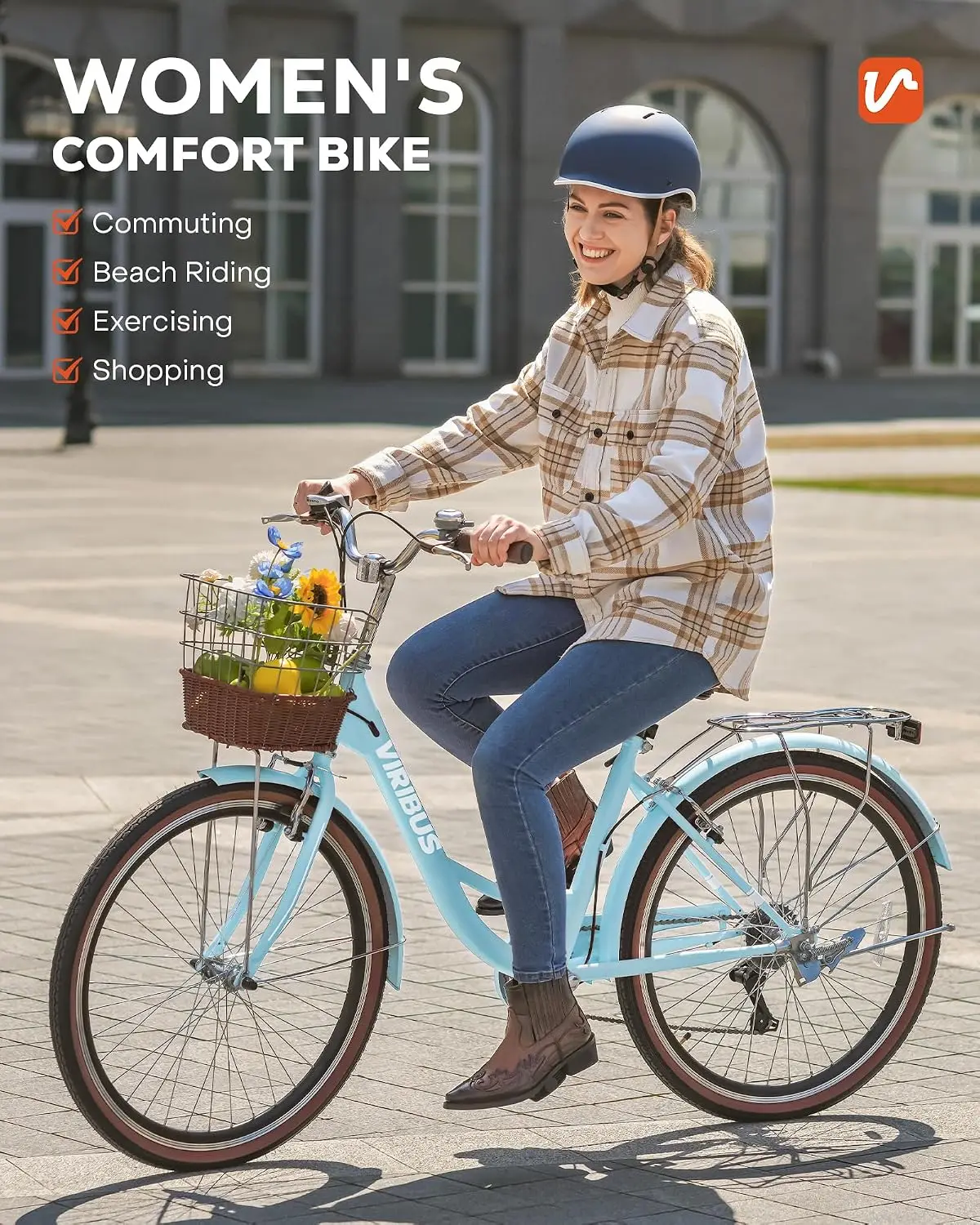 Womens Bike, Lightweight Aluminum Beach Cruiser Bike for Women 7 Speed 24/26inch with Front Basket & Rack, Step-Through City Com