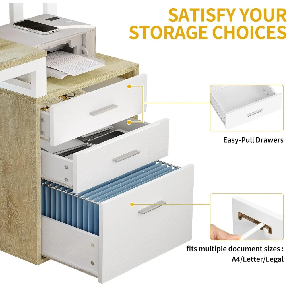 Corner L-Shaped Desk with Storage, 65 Computer Desk featuring Power Outlets and LED Lighting for Home Office
