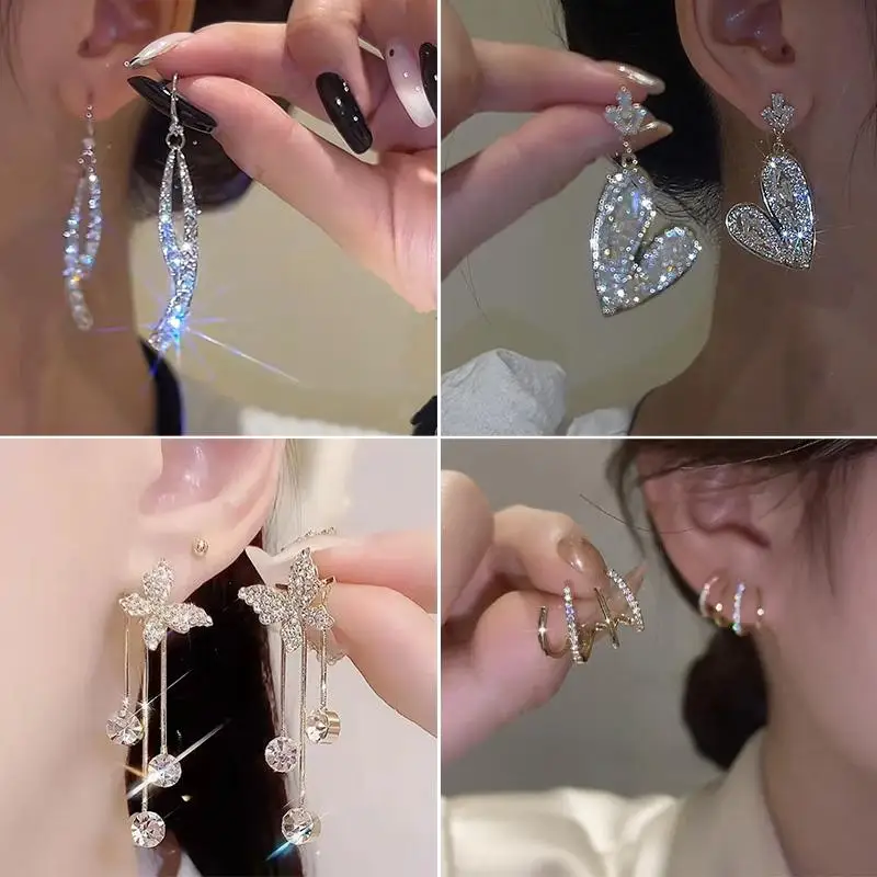 New Fashion Love Full Diamond Crystal Earrings Long Tassel Dangle S925 Silver Needle Earrings Party Jewelry Gifts for Girls Toy