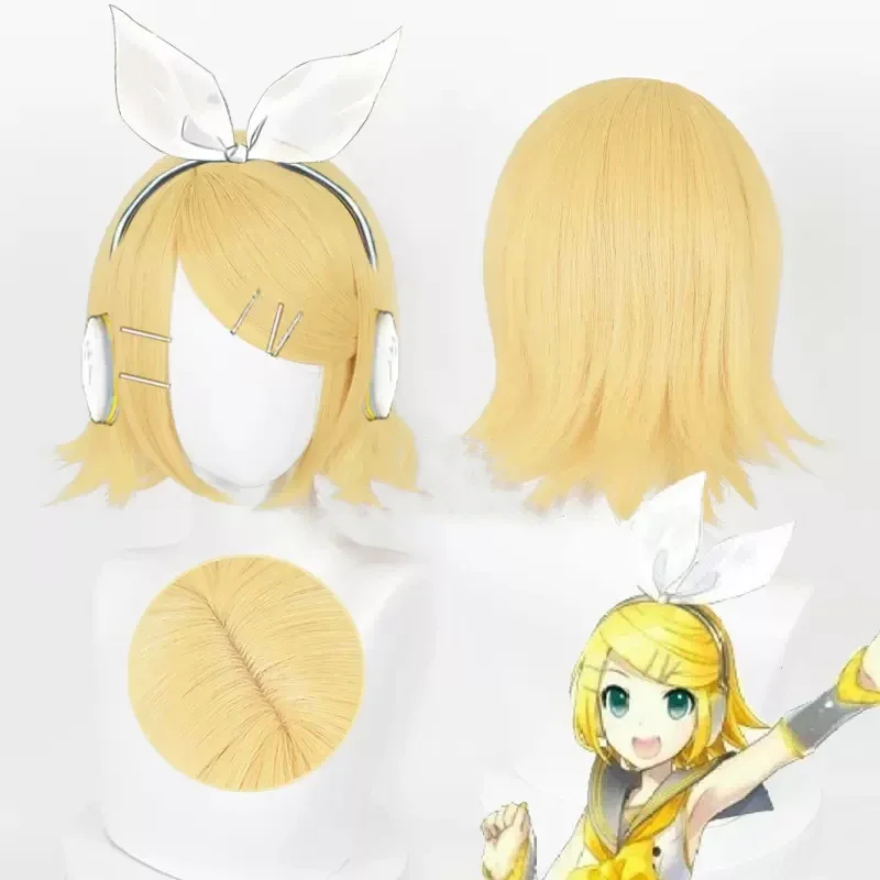 Kagamine Rin Len Anime Cosplay Wig, peruca L-email, peruca amarela dourada curta, perucas de moda resistentes ao calor, 30cm