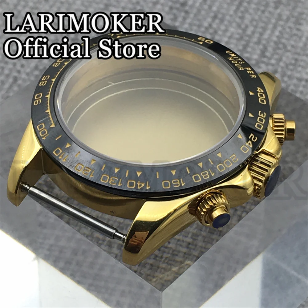 LARIMOKER 39MM suitable for VK63 movement gold case quartz chronograph watch multi-function sapphire crystal watch accessories