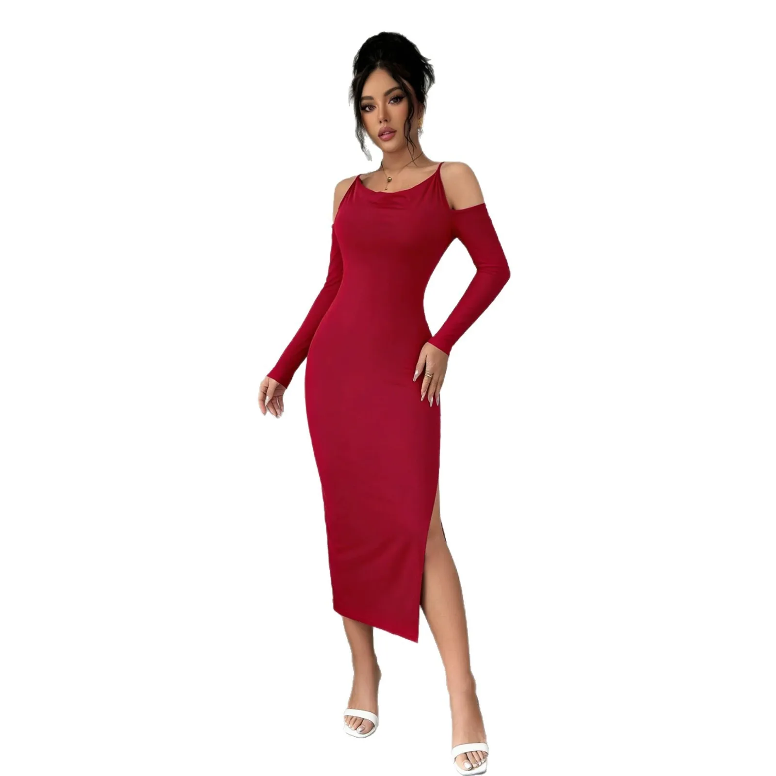 One Gown Long Sleeve Mid Length Commuter Chic with Pullover Bodycon Fitted Middle Waist Summer Slim Fit Party Dress for Women