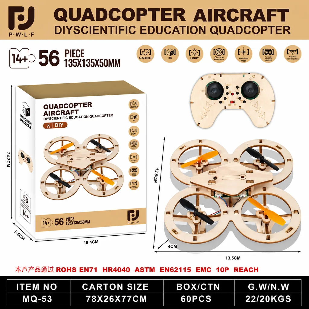 

New Arrival Wooden Assembled DIY Drone Kids Quadcopter, Handmade Model Remote Control Aircraft Toy Gift
