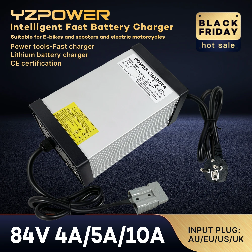 YZPOWER 84V 4A 5A 10A lithium battery charger 20S 72V charger fast charging input 110-240Vac aluminum case with cooling fan