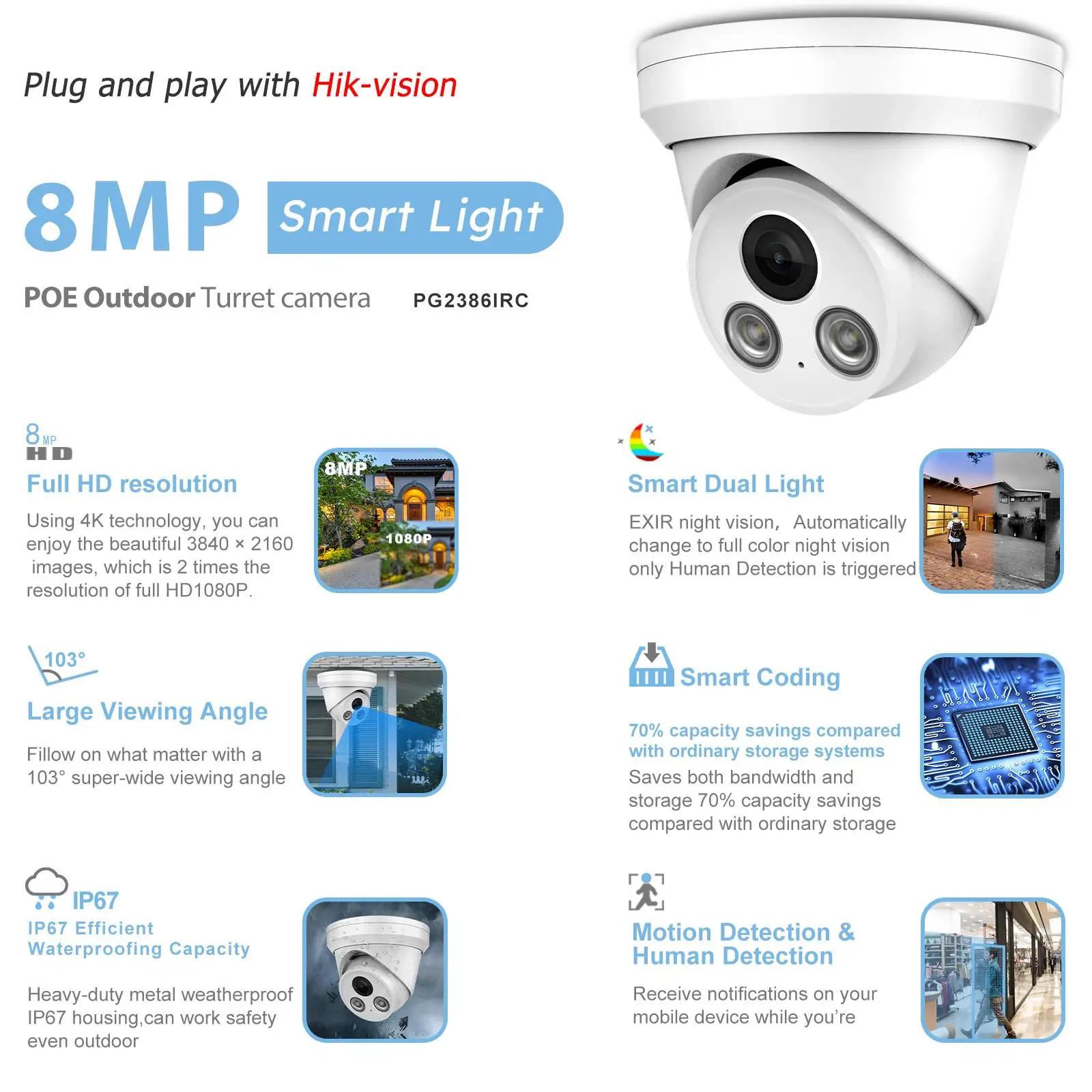 كاميرا VIKYLIN Hikvision متوافقة مع الألوان الكاملة بدقة 8 ميجابكسل وكشف السيارة البشرية IP67 كاميرا مراقبة فيديو خارجية